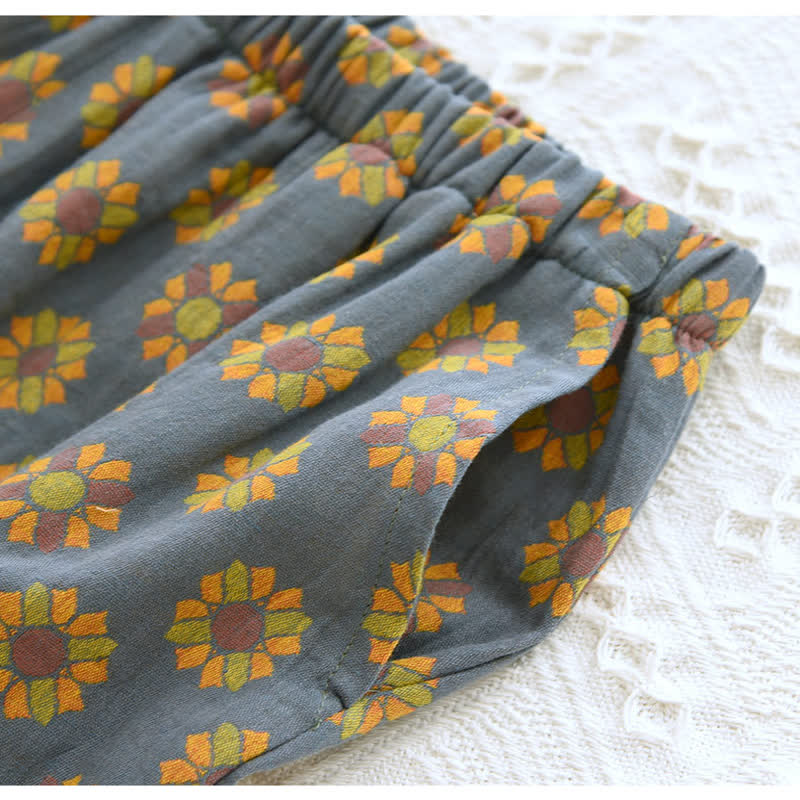 Bomullsnattkläder | Nattklädes-Set Med Reverskrage & Solrosmönster – Komfortabla Pyjamas För Kvinnor