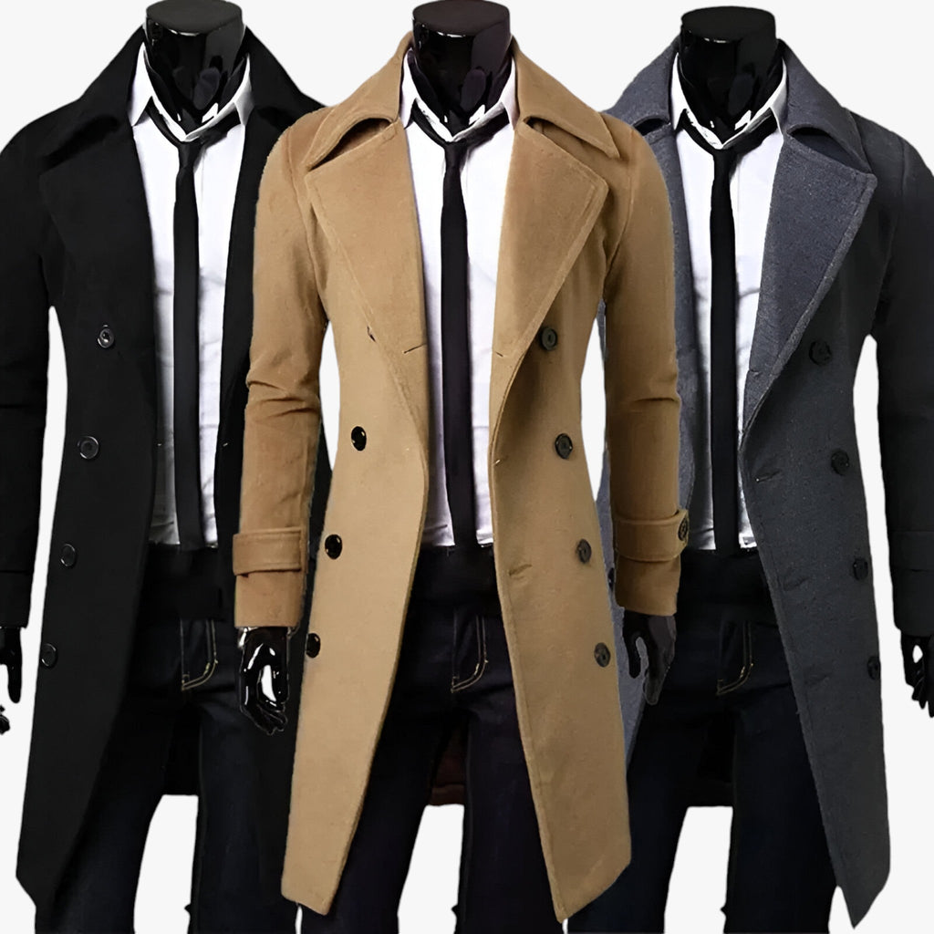 Herr Trenchcoat med Dubbel Dragkedja | Enfärgad Lång Modell | Ytterkappa för Affär, Fritid & Kallare Väder | Olsson